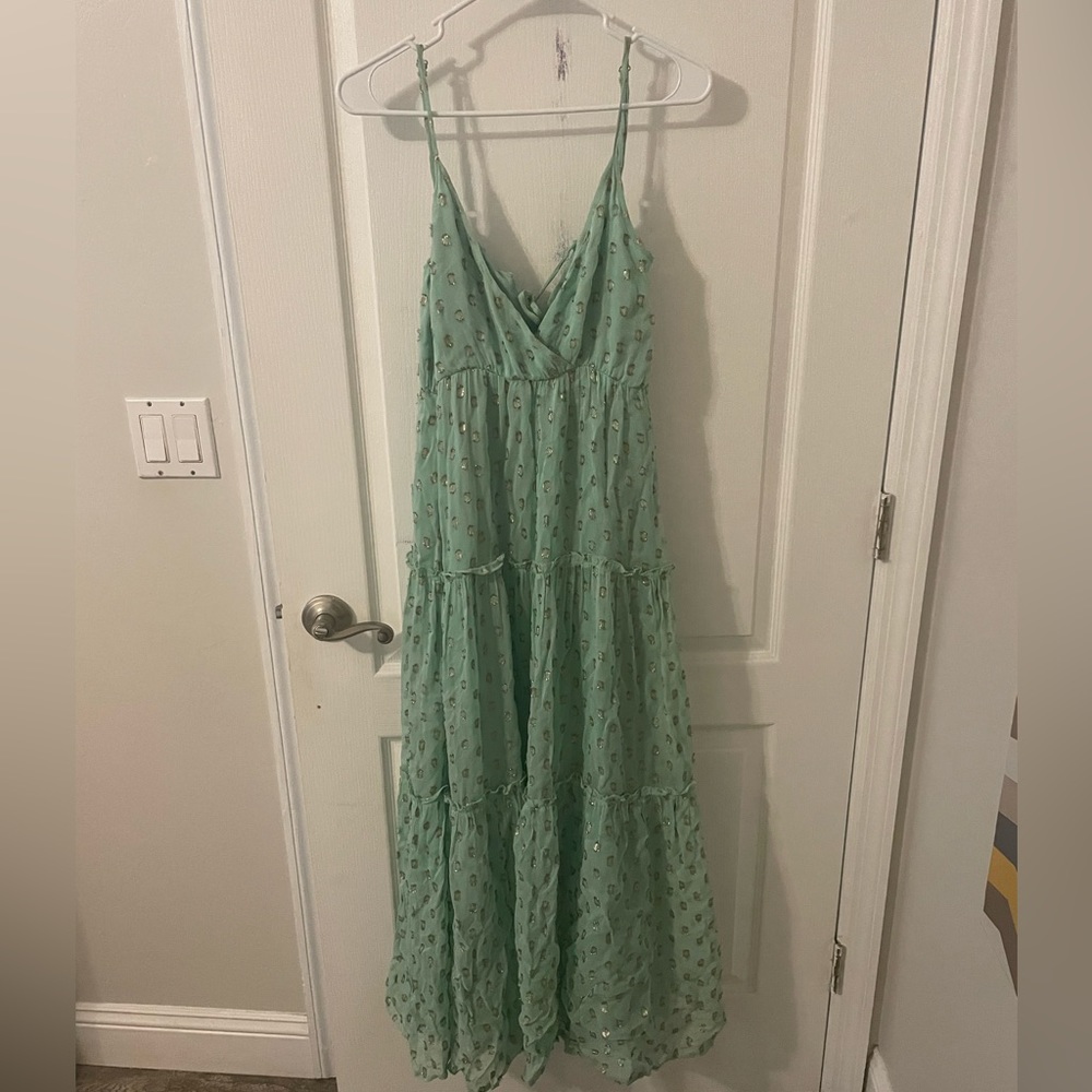 Spaghetti strap, V-neck teal and gold maxi dress